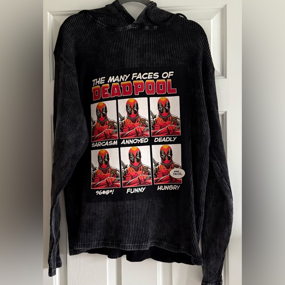Upcycled MARVEL DEADPOOL Graphic Tee On Black Waffle Knit Hoodie Sweatshirt Sz M